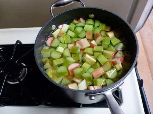 Rhubarb-Vanilla Bean Syrup (and Soda) Simmer ingredients on the stove