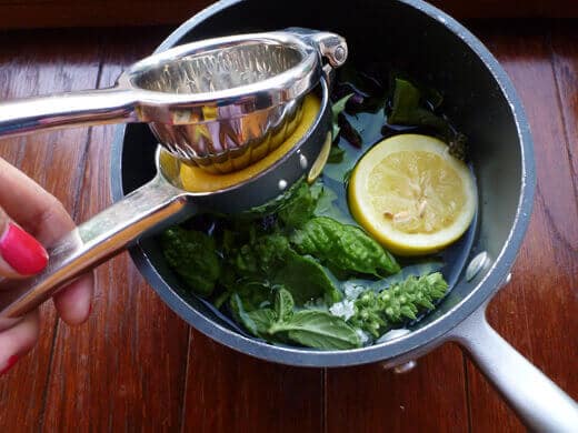 Lemon-Basil Syrup Squeeze juice out of lemon halves and add lemons to mixture