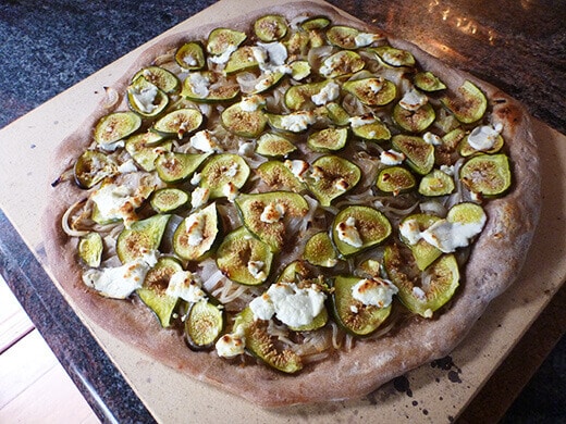 Roasted Fig Pizza with Caramelized Onion and Goat Cheese Bake until the crust is crisp and the cheese has started to brown