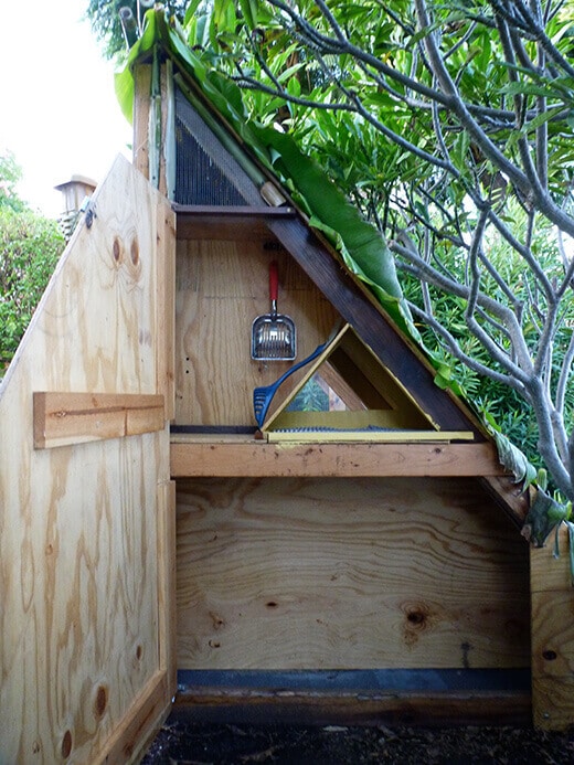 Aloha to the New Tiki Coop! Side door for access to egg box and storage