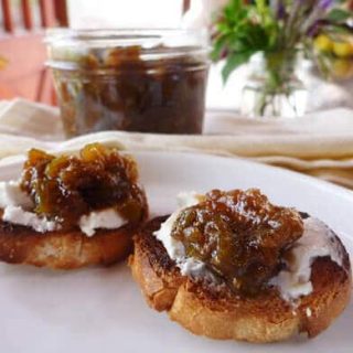 Balsamic fig jam served with goat cheese on crostini
