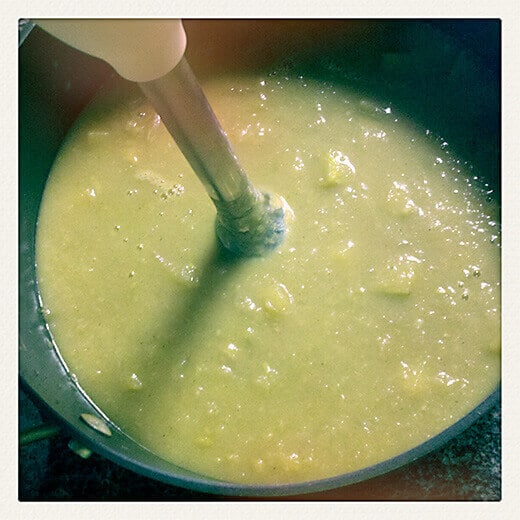 Blend the soup using an immersion blender on low setting