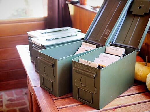 Ammo boxes filled with seed packets