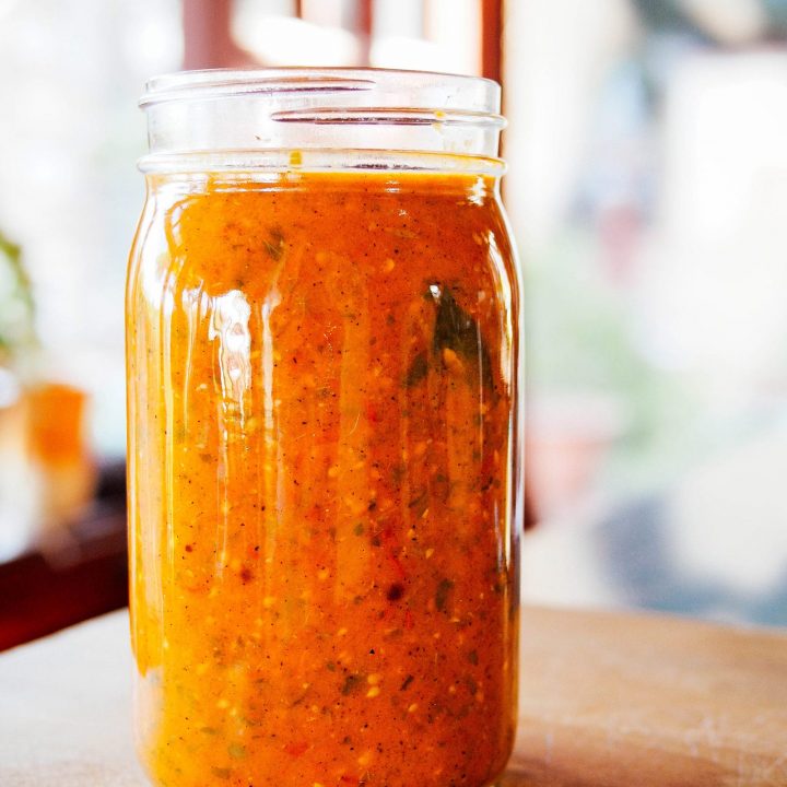 Spicy minty tomato sauce infused with tomato leaves