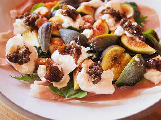 Fig, prosciutto and burrata salad with creamy balsamic vinaigrette