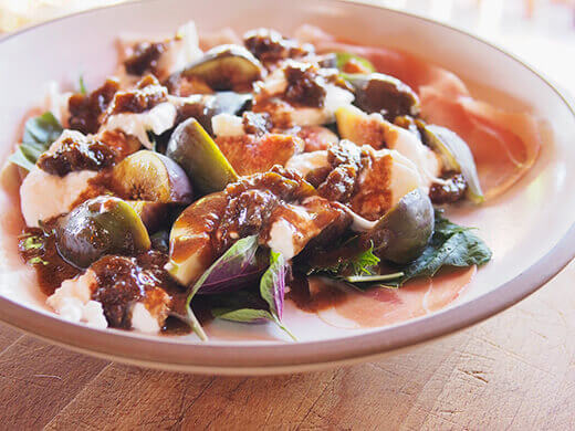 Fig, prosciutto and burrata salad with creamy balsamic vinaigrette
