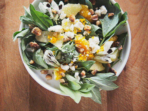 Fava Leaf Salad With Citrus, Feta and Walnuts