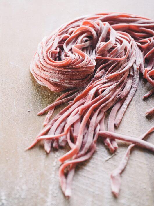 Homemade beet linguini