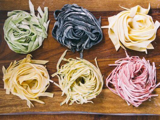 Spinach pasta, squid ink pasta, carrot pasta, egg pasta, parsley pasta, and beet pasta