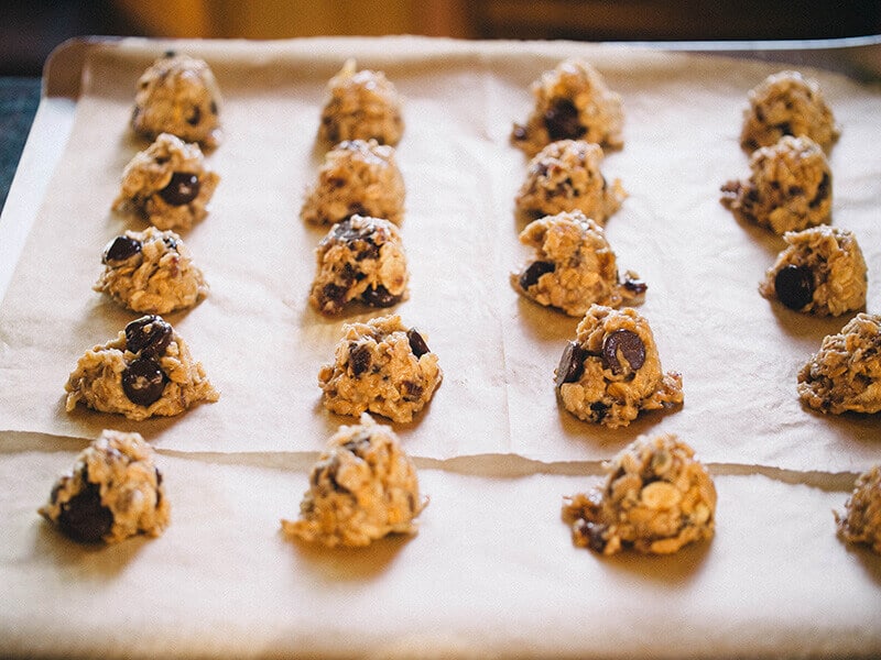 Drop rounded spoonfuls of dough onto cookie sheets