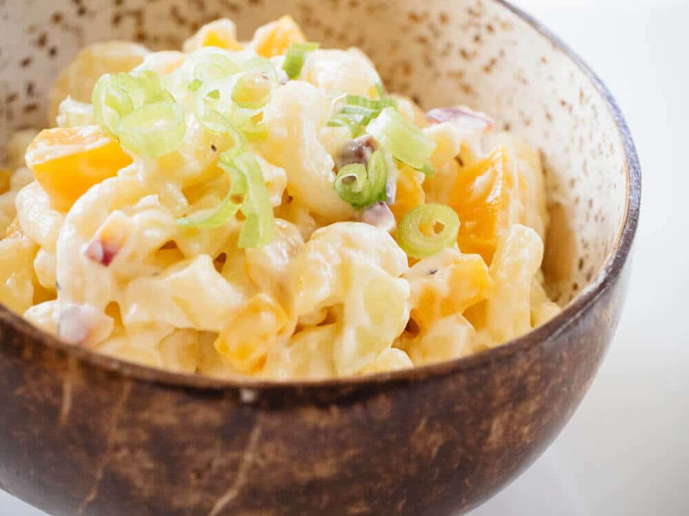 Hawaiian mac salad with pickled beets, carrots, celery, and onions