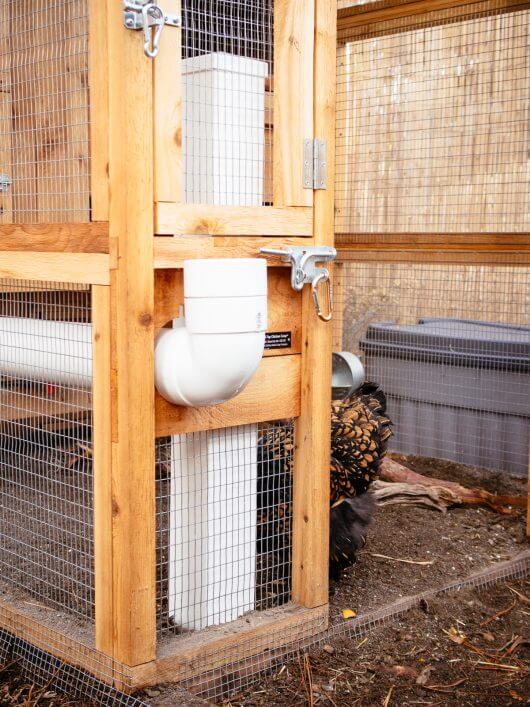 Space-saving no-poop chicken feeder and waterer designs