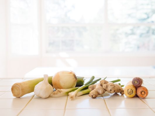Leek, garlic, onion, scallions, ginger, and carrots