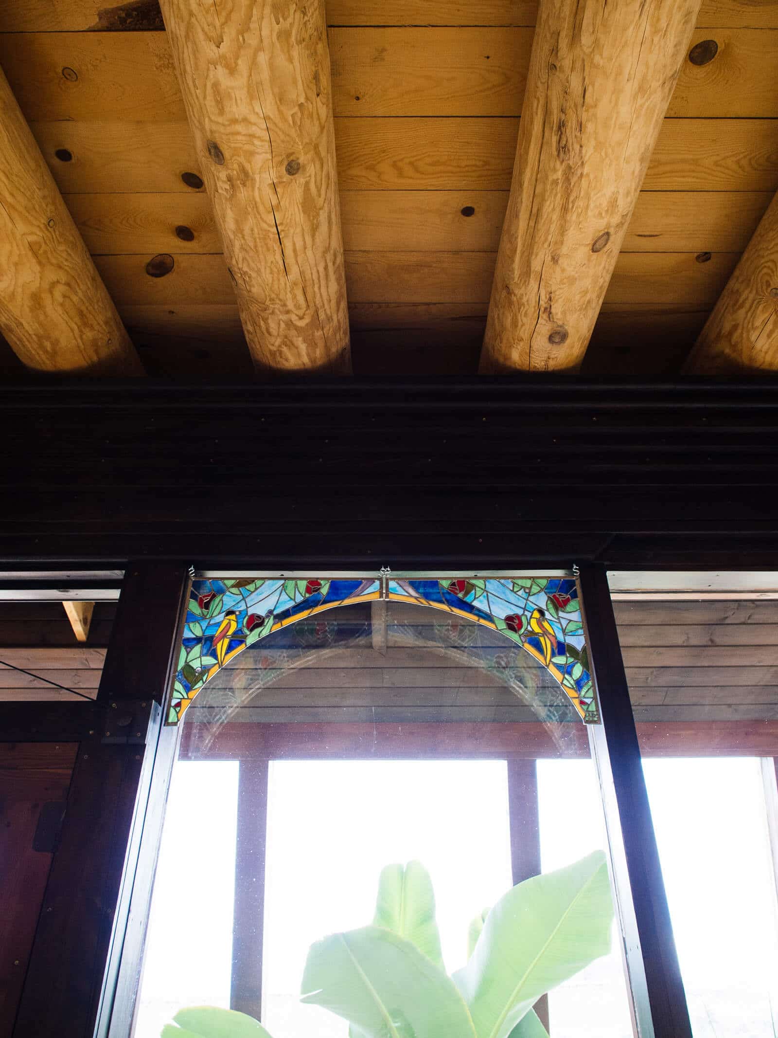 Rustic wood beam ceilings in an Earthship