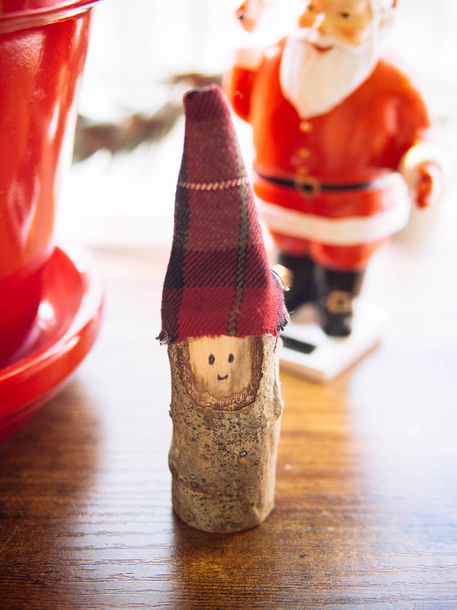 Twig gnome craft made from old Christmas tree branch