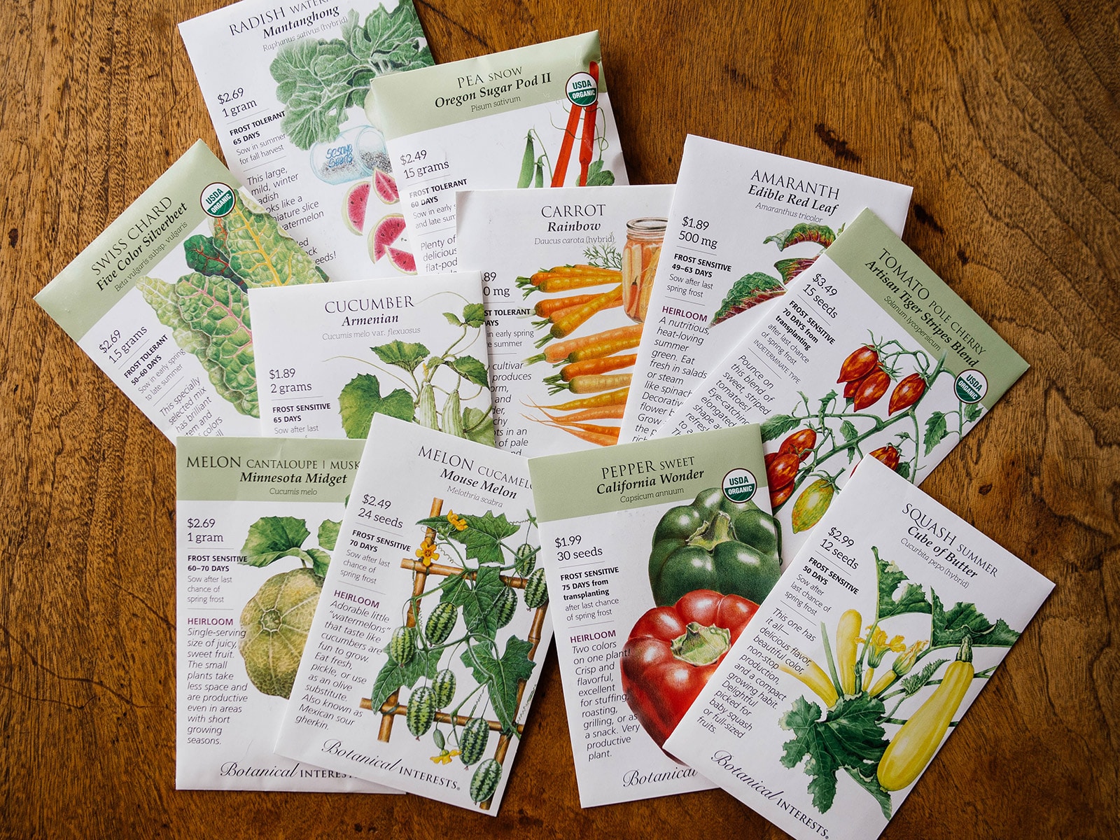 Botanical Interests seed packets spread out on a wooden surface
