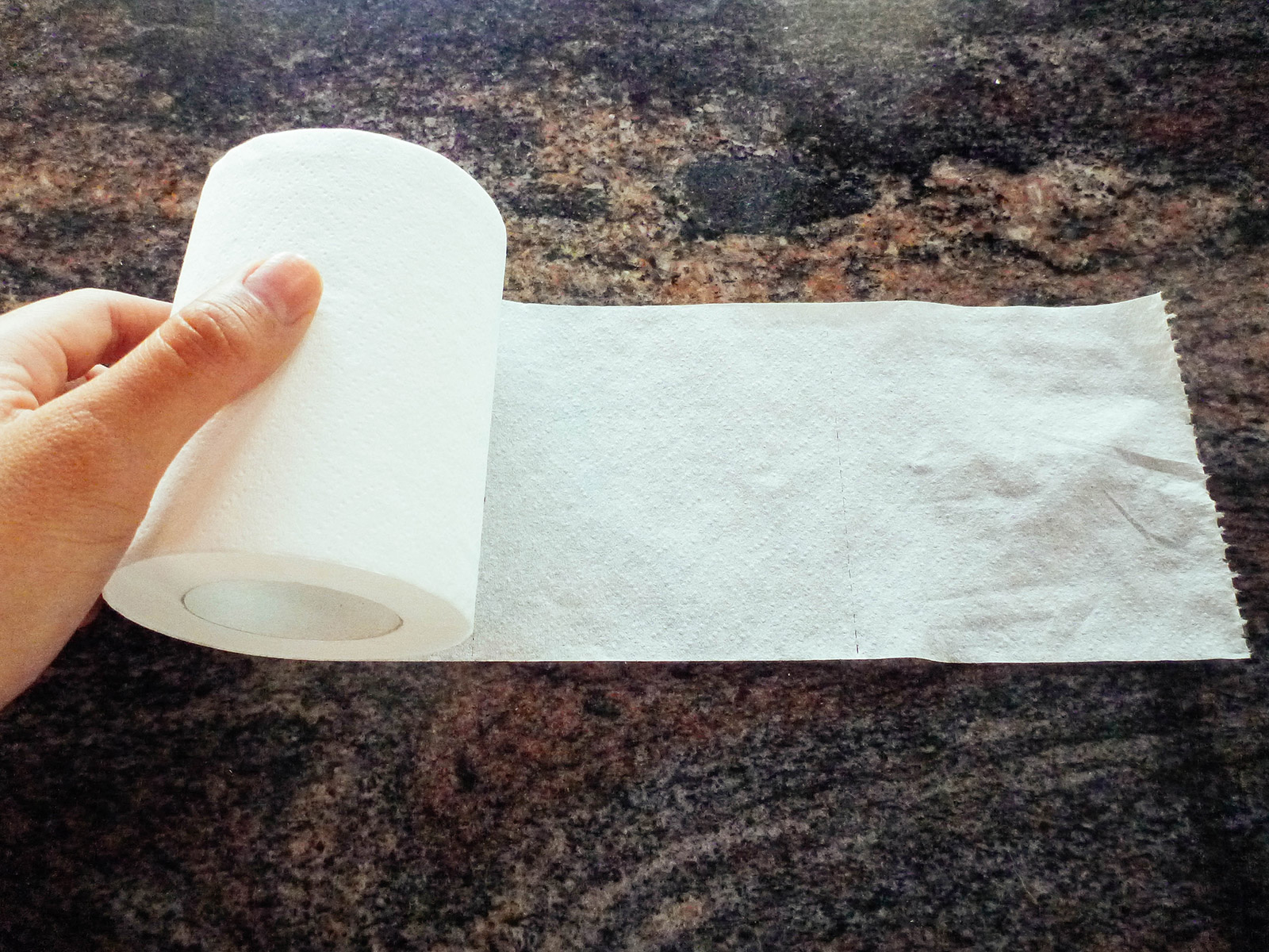 Roll of toilet paper being unrolled on a counter